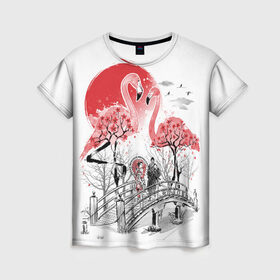 Женская футболка 3D с принтом Сад Фламинго в Екатеринбурге, 100% полиэфир ( синтетическое хлопкоподобное полотно) | прямой крой, круглый вырез горловины, длина до линии бедер | bridge | flamingo | garden | geisha | japan | pink | sakura | samurai | tradition | мост | розовый | сад | сакура | самурай | традиция | фламинго | япония