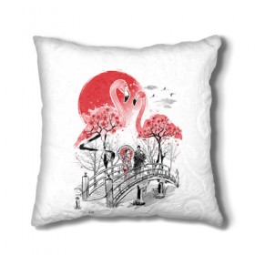 Подушка 3D с принтом Сад Фламинго в Екатеринбурге, наволочка – 100% полиэстер, наполнитель – холлофайбер (легкий наполнитель, не вызывает аллергию). | состоит из подушки и наволочки. Наволочка на молнии, легко снимается для стирки | Тематика изображения на принте: bridge | flamingo | garden | geisha | japan | pink | sakura | samurai | tradition | мост | розовый | сад | сакура | самурай | традиция | фламинго | япония