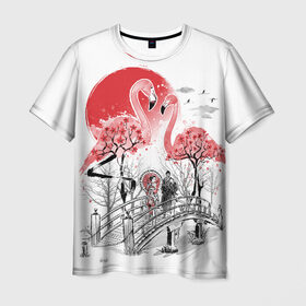 Мужская футболка 3D с принтом Сад Фламинго в Екатеринбурге, 100% полиэфир | прямой крой, круглый вырез горловины, длина до линии бедер | Тематика изображения на принте: bridge | flamingo | garden | geisha | japan | pink | sakura | samurai | tradition | мост | розовый | сад | сакура | самурай | традиция | фламинго | япония