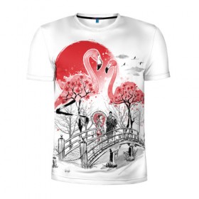 Мужская футболка 3D спортивная с принтом Сад Фламинго в Екатеринбурге, 100% полиэстер с улучшенными характеристиками | приталенный силуэт, круглая горловина, широкие плечи, сужается к линии бедра | Тематика изображения на принте: bridge | flamingo | garden | geisha | japan | pink | sakura | samurai | tradition | мост | розовый | сад | сакура | самурай | традиция | фламинго | япония