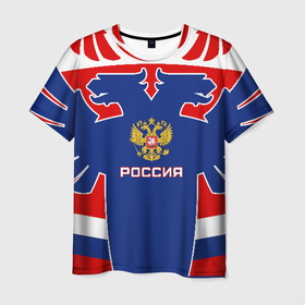 Мужская футболка 3D с принтом Русский хоккей в Екатеринбурге, 100% полиэфир | прямой крой, круглый вырез горловины, длина до линии бедер | ворота | вратарь | игра | игрок | клюшка | россия | спорт | форма | хоккей | чемпион | шайба