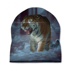 Шапка 3D с принтом ТИГР В СУМЕРЕЧНОМ ЛЕСУ в Екатеринбурге, 100% полиэстер | универсальный размер, печать по всей поверхности изделия | Тематика изображения на принте: tiger | в лесу | дикая | кошка | лес | природа | тигр | тигренок | тигрица | тигры