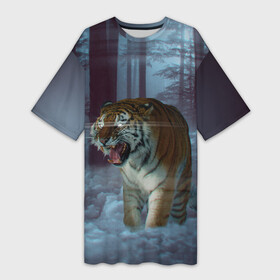 Платье-футболка 3D с принтом ТИГР В СУМЕРЕЧНОМ ЛЕСУ в Екатеринбурге,  |  | Тематика изображения на принте: tiger | в лесу | дикая | кошка | лес | природа | тигр | тигренок | тигрица | тигры