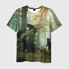 Мужская футболка 3D с принтом Утро в сосновом лесу в Екатеринбурге, 100% полиэфир | прямой крой, круглый вырез горловины, длина до линии бедер | живопись | искусство | картина | художники | шедевры