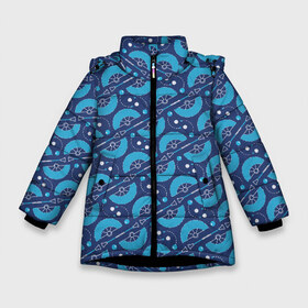 Зимняя куртка для девочек 3D с принтом Fire performer pattern blue в Екатеринбурге, ткань верха — 100% полиэстер; подклад — 100% полиэстер, утеплитель — 100% полиэстер. | длина ниже бедра, удлиненная спинка, воротник стойка и отстегивающийся капюшон. Есть боковые карманы с листочкой на кнопках, утяжки по низу изделия и внутренний карман на молнии. 

Предусмотрены светоотражающий принт на спинке, радужный светоотражающий элемент на пуллере молнии и на резинке для утяжки. | double staff | fan | fire fans | fire show | flow art | poi | spin | веера | дабл стафф | даблы | жонглер | пои | спиннер | фаер шоу | фаерщик