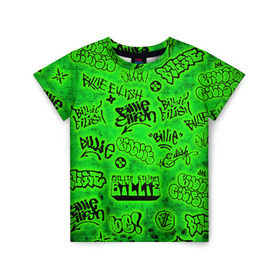 Детская футболка 3D с принтом Billie Eilish Graffiti glow в Екатеринбурге, 100% гипоаллергенный полиэфир | прямой крой, круглый вырез горловины, длина до линии бедер, чуть спущенное плечо, ткань немного тянется | billie | eilish | glow | graffiti | grunge | айлиш | билли | граффити | кислота | татуировки