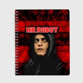 Тетрадь с принтом Mr robot в Екатеринбурге, 100% бумага | 48 листов, плотность листов — 60 г/м2, плотность картонной обложки — 250 г/м2. Листы скреплены сбоку удобной пружинной спиралью. Уголки страниц и обложки скругленные. Цвет линий — светло-серый
 | Тематика изображения на принте: robot | драма | мистер | мистер робот | психологический триллер | рами малек | робот | технотриллер