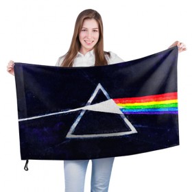 Флаг 3D с принтом PINK FLOYD в Екатеринбурге, 100% полиэстер | плотность ткани — 95 г/м2, размер — 67 х 109 см. Принт наносится с одной стороны | music | pink floyd | the dark side of the moon | космос | луна | музыка | пинк флойд | призма | рок | треугольник | триангулярная призма