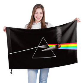 Флаг 3D с принтом PINK FLOYD в Екатеринбурге, 100% полиэстер | плотность ткани — 95 г/м2, размер — 67 х 109 см. Принт наносится с одной стороны | music | pink floyd | the dark side of the moon | космос | луна | музыка | пинк флойд | призма | рок | треугольник | триангулярная призма