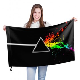 Флаг 3D с принтом PINK FLOYD в Екатеринбурге, 100% полиэстер | плотность ткани — 95 г/м2, размер — 67 х 109 см. Принт наносится с одной стороны | music | pink floyd | the dark side of the moon | космос | луна | музыка | пинк флойд | призма | рок | треугольник | триангулярная призма