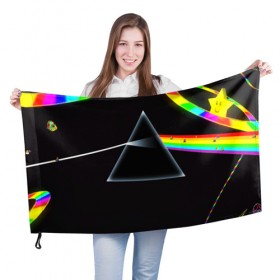 Флаг 3D с принтом PINK FLOYD в Екатеринбурге, 100% полиэстер | плотность ткани — 95 г/м2, размер — 67 х 109 см. Принт наносится с одной стороны | music | pink floyd | the dark side of the moon | космос | луна | музыка | пинк флойд | призма | рок | треугольник | триангулярная призма