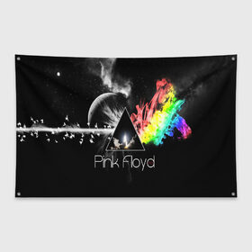 Флаг-баннер с принтом PINK FLOYD в Екатеринбурге, 100% полиэстер | размер 67 х 109 см, плотность ткани — 95 г/м2; по краям флага есть четыре люверса для крепления | music | pink floyd | the dark side of the moon | космос | луна | музыка | пинк флойд | призма | рок | треугольник | триангулярная призма