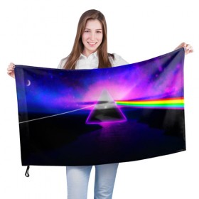 Флаг 3D с принтом PINK FLOYD в Екатеринбурге, 100% полиэстер | плотность ткани — 95 г/м2, размер — 67 х 109 см. Принт наносится с одной стороны | music | pink floyd | the dark side of the moon | космос | луна | музыка | пинк флойд | призма | рок | треугольник | триангулярная призма