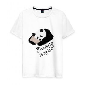 Мужская футболка хлопок с принтом Спящая Панда в Екатеринбурге, 100% хлопок | прямой крой, круглый вырез горловины, длина до линии бедер, слегка спущенное плечо. | Тематика изображения на принте: sleeping is my life | панда | сон | спать | спать это моя жизнь
