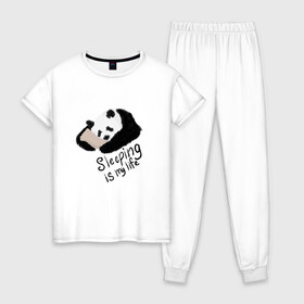 Женская пижама хлопок с принтом Спящая Панда в Екатеринбурге, 100% хлопок | брюки и футболка прямого кроя, без карманов, на брюках мягкая резинка на поясе и по низу штанин | Тематика изображения на принте: sleeping is my life | панда | сон | спать | спать это моя жизнь