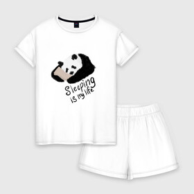 Женская пижама с шортиками хлопок с принтом Спящая Панда в Екатеринбурге, 100% хлопок | футболка прямого кроя, шорты свободные с широкой мягкой резинкой | Тематика изображения на принте: sleeping is my life | панда | сон | спать | спать это моя жизнь