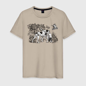Мужская футболка хлопок с принтом Охотничьи собаки в Екатеринбурге, 100% хлопок | прямой крой, круглый вырез горловины, длина до линии бедер, слегка спущенное плечо. | Тематика изображения на принте: hunt | hunter | охота | охотник | пес | рисунок | собаки | туризм | хобби