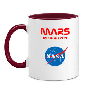 Кружка двухцветная с принтом Nasa Mars mission в Екатеринбурге, керамика | объем — 330 мл, диаметр — 80 мм. Цветная ручка и кайма сверху, в некоторых цветах — вся внутренняя часть | Тематика изображения на принте: mars mission | миссия марс | наса | насса
