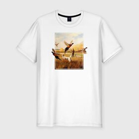 Мужская футболка премиум с принтом Охота на фазанов в Екатеринбурге, 92% хлопок, 8% лайкра | приталенный силуэт, круглый вырез ворота, длина до линии бедра, короткий рукав | живопись | осень | охота | охотник | пес | птицы | рисунок | собака | фазаны | хобби