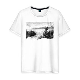 Мужская футболка хлопок с принтом Охотники на реке в Екатеринбурге, 100% хлопок | прямой крой, круглый вырез горловины, длина до линии бедер, слегка спущенное плечо. | hunter | гравюра | лодка | охотник | природа | птицы | река | рисунок | хобби