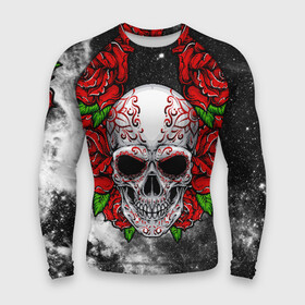 Мужской рашгард 3D с принтом Skull and Roses в Екатеринбурге,  |  | flowers | muertos | roses | skull | space | tribal | звезды | космос | лепестки | муэртос | розы | трайбл | цветы | череп