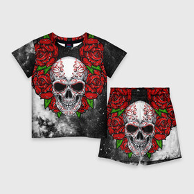 Детский костюм с шортами 3D с принтом Skull and Roses в Екатеринбурге,  |  | flowers | muertos | roses | skull | space | tribal | звезды | космос | лепестки | муэртос | розы | трайбл | цветы | череп