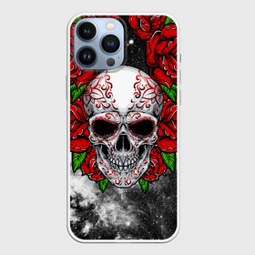 Чехол для iPhone 13 Pro Max с принтом Skull and Roses в Екатеринбурге,  |  | Тематика изображения на принте: flowers | muertos | roses | skull | space | tribal | звезды | космос | лепестки | муэртос | розы | трайбл | цветы | череп