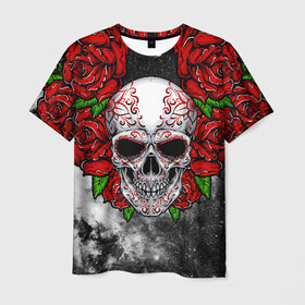 Мужская футболка 3D с принтом Skull and Roses в Екатеринбурге, 100% полиэфир | прямой крой, круглый вырез горловины, длина до линии бедер | flowers | muertos | roses | skull | space | tribal | звезды | космос | лепестки | муэртос | розы | трайбл | цветы | череп