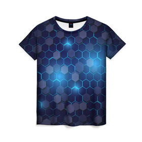 Женская футболка 3D с принтом Синие соты в неоне в Екатеринбурге, 100% полиэфир ( синтетическое хлопкоподобное полотно) | прямой крой, круглый вырез горловины, длина до линии бедер | Тематика изображения на принте: неон | неоновые соты | синие соты | соты