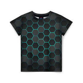 Детская футболка 3D с принтом Big Octagon в Екатеринбурге, 100% гипоаллергенный полиэфир | прямой крой, круглый вырез горловины, длина до линии бедер, чуть спущенное плечо, ткань немного тянется | octagon | бирюзовый | неон | неоновые соты | соты