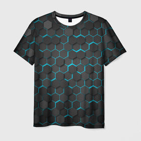 Мужская футболка 3D с принтом Turquoise Octagon в Екатеринбурге, 100% полиэфир | прямой крой, круглый вырез горловины, длина до линии бедер | octagon | бирюзовые соты | бирюзовый | неон | неоновые соты | октагон | соты