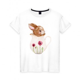 Женская футболка хлопок с принтом Зайчик в вазочке в Екатеринбурге, 100% хлопок | прямой крой, круглый вырез горловины, длина до линии бедер, слегка спущенное плечо | ваза | заяц | кролик | розовая | цветы