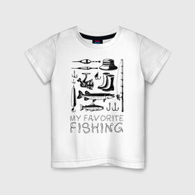 Детская футболка хлопок с принтом Моя любимая рыбалка в Екатеринбурге, 100% хлопок | круглый вырез горловины, полуприлегающий силуэт, длина до линии бедер | cap | coil | fishing | fishing line | float | hook | pike | spinning | spoon | trout | wellingtons | блесна | катушка | крючок | леска | поплавок | рыбалка | сапоги | спиннинг | форель | шляпа | щука