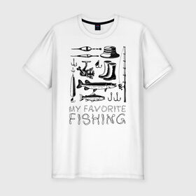 Мужская футболка премиум с принтом Моя любимая рыбалка в Екатеринбурге, 92% хлопок, 8% лайкра | приталенный силуэт, круглый вырез ворота, длина до линии бедра, короткий рукав | cap | coil | fishing | fishing line | float | hook | pike | spinning | spoon | trout | wellingtons | блесна | катушка | крючок | леска | поплавок | рыбалка | сапоги | спиннинг | форель | шляпа | щука