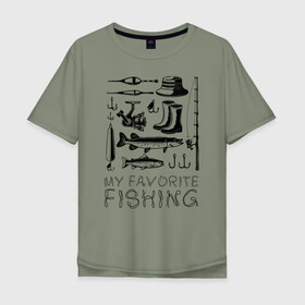 Мужская футболка хлопок Oversize с принтом Моя любимая рыбалка в Екатеринбурге, 100% хлопок | свободный крой, круглый ворот, “спинка” длиннее передней части | cap | coil | fishing | fishing line | float | hook | pike | spinning | spoon | trout | wellingtons | блесна | катушка | крючок | леска | поплавок | рыбалка | сапоги | спиннинг | форель | шляпа | щука