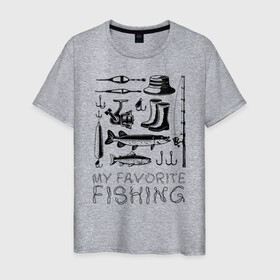 Мужская футболка хлопок с принтом Моя любимая рыбалка в Екатеринбурге, 100% хлопок | прямой крой, круглый вырез горловины, длина до линии бедер, слегка спущенное плечо. | cap | coil | fishing | fishing line | float | hook | pike | spinning | spoon | trout | wellingtons | блесна | катушка | крючок | леска | поплавок | рыбалка | сапоги | спиннинг | форель | шляпа | щука