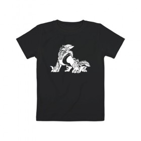 Детская футболка хлопок с принтом Monster Hunter: World в Екатеринбурге, 100% хлопок | круглый вырез горловины, полуприлегающий силуэт, длина до линии бедер | Тематика изображения на принте: dragon | game | hunter | logo | monster | world | дракон | драконы | игра | монстр | монстры | охотник