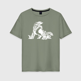Женская футболка хлопок Oversize с принтом Monster Hunter: World в Екатеринбурге, 100% хлопок | свободный крой, круглый ворот, спущенный рукав, длина до линии бедер
 | dragon | game | hunter | logo | monster | world | дракон | драконы | игра | монстр | монстры | охотник