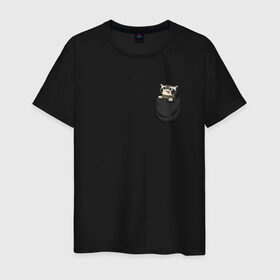 Мужская футболка хлопок с принтом Енот в кармане в Екатеринбурге, 100% хлопок | прямой крой, круглый вырез горловины, длина до линии бедер, слегка спущенное плечо. | raccoon | енот | карман