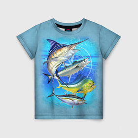Детская футболка 3D с принтом Marlin and other fish в Екатеринбурге, 100% гипоаллергенный полиэфир | прямой крой, круглый вырез горловины, длина до линии бедер, чуть спущенное плечо, ткань немного тянется | рыба | рыбак | рыбалка | снасти | увлечение | улов | хобби