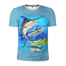 Мужская футболка 3D спортивная с принтом Marlin and other fish в Екатеринбурге, 100% полиэстер с улучшенными характеристиками | приталенный силуэт, круглая горловина, широкие плечи, сужается к линии бедра | Тематика изображения на принте: рыба | рыбак | рыбалка | снасти | увлечение | улов | хобби