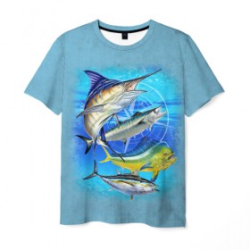 Мужская футболка 3D с принтом Marlin and other fish в Екатеринбурге, 100% полиэфир | прямой крой, круглый вырез горловины, длина до линии бедер | Тематика изображения на принте: рыба | рыбак | рыбалка | снасти | увлечение | улов | хобби