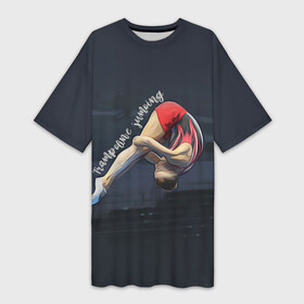 Платье-футболка 3D с принтом Прыжки на батуте в Екатеринбурге,  |  | aerobics | jumping | sport | trampoline | trampoline aerobics | trampoline jumping | trampoline sport | батут | батутисты | батутный спорт | спорт