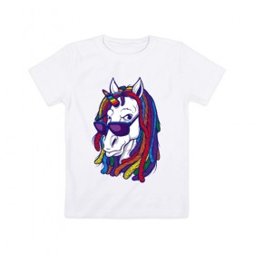Детская футболка хлопок с принтом RastaUnicorn в Екатеринбурге, 100% хлопок | круглый вырез горловины, полуприлегающий силуэт, длина до линии бедер | color | dreads | glases | unicorn | дреды | единорог | конь | лошадь | очки | рог | уши | цветной