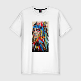 Мужская футболка премиум с принтом Буйство Красок в Екатеринбурге, 92% хлопок, 8% лайкра | приталенный силуэт, круглый вырез ворота, длина до линии бедра, короткий рукав | акварель | буйство красок | девушка | индеец | красавица | краски | перья | рисунок