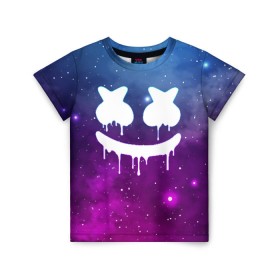 Детская футболка 3D с принтом MARSHMELLO MELT SPACE в Екатеринбурге, 100% гипоаллергенный полиэфир | прямой крой, круглый вырез горловины, длина до линии бедер, чуть спущенное плечо, ткань немного тянется | america | dj | marshmello | usa | америка | маршмелло