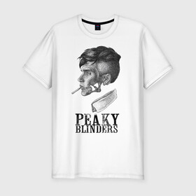 Мужская футболка хлопок Slim с принтом Peaky Blinders в Екатеринбурге, 92% хлопок, 8% лайкра | приталенный силуэт, круглый вырез ворота, длина до линии бедра, короткий рукав | blinders | peaky | shelby | thomas | козырьки | острые | сериалы | томас | шелби