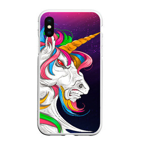 Чехол для iPhone XS Max матовый с принтом Angry Unicorn в Екатеринбурге, Силикон | Область печати: задняя сторона чехла, без боковых панелей | cosmos | hair | rainbow | stars | unicorn | волосы | глаза | единорог | злой | зубы | космос | лошадь | радуга