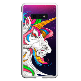 Чехол для Samsung S10E с принтом Angry Unicorn в Екатеринбурге, Силикон | Область печати: задняя сторона чехла, без боковых панелей | cosmos | hair | rainbow | stars | unicorn | волосы | глаза | единорог | злой | зубы | космос | лошадь | радуга