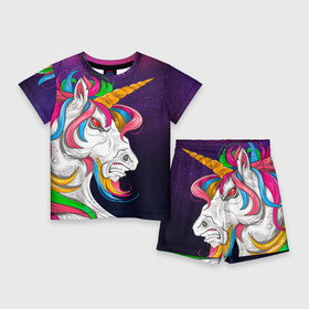 Детский костюм с шортами 3D с принтом Angry Unicorn в Екатеринбурге,  |  | Тематика изображения на принте: cosmos | hair | rainbow | stars | unicorn | волосы | глаза | единорог | злой | зубы | космос | лошадь | радуга